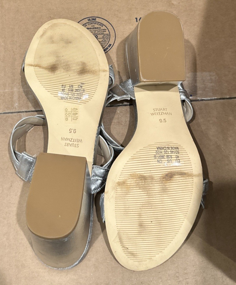 STUART WEITZMAN EU 40/ US 9.5 Twistie Block 75 Metallic Mule Platinum *FLAWED*