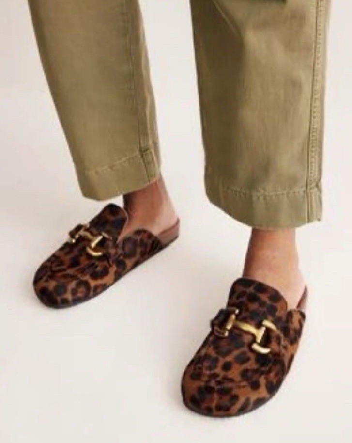 Boden Iris Snaffle Mule Slide Hair On Cowhide Leather Leopard Animal Print 7.5