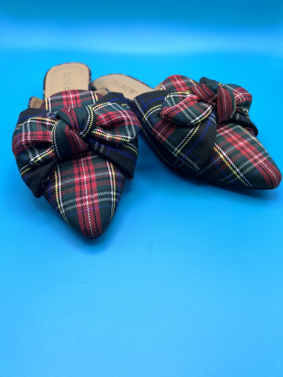 J.Crew Women’s Tartan Plaid Slip-On Mules Shoes Bow Pointed Toe Flat SIZE 7