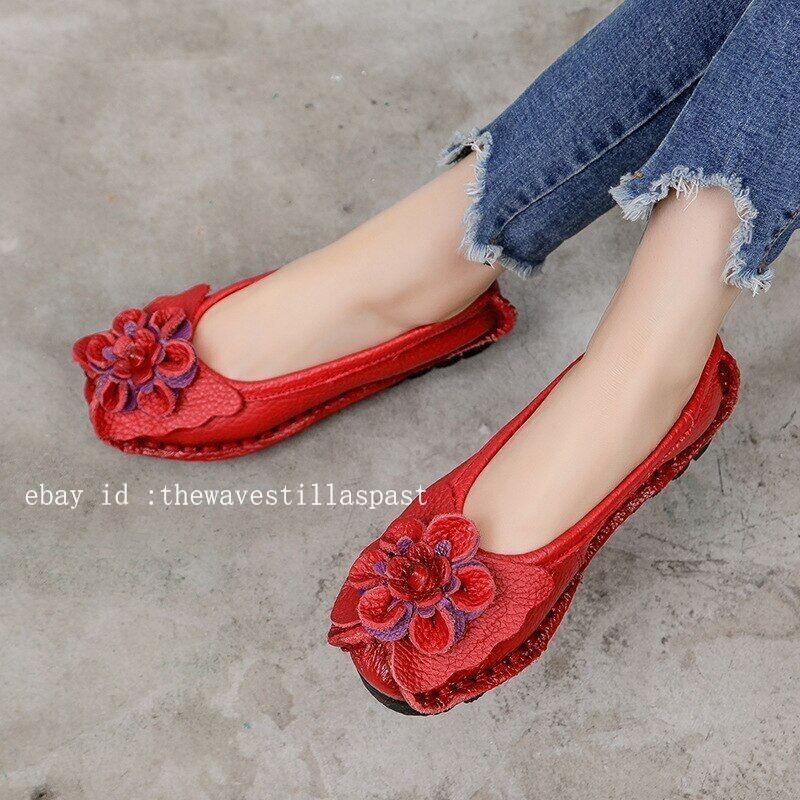 Leather Flat Shoes Women Flats with Flowers Ladies Soft Shoes Loafers Slip On