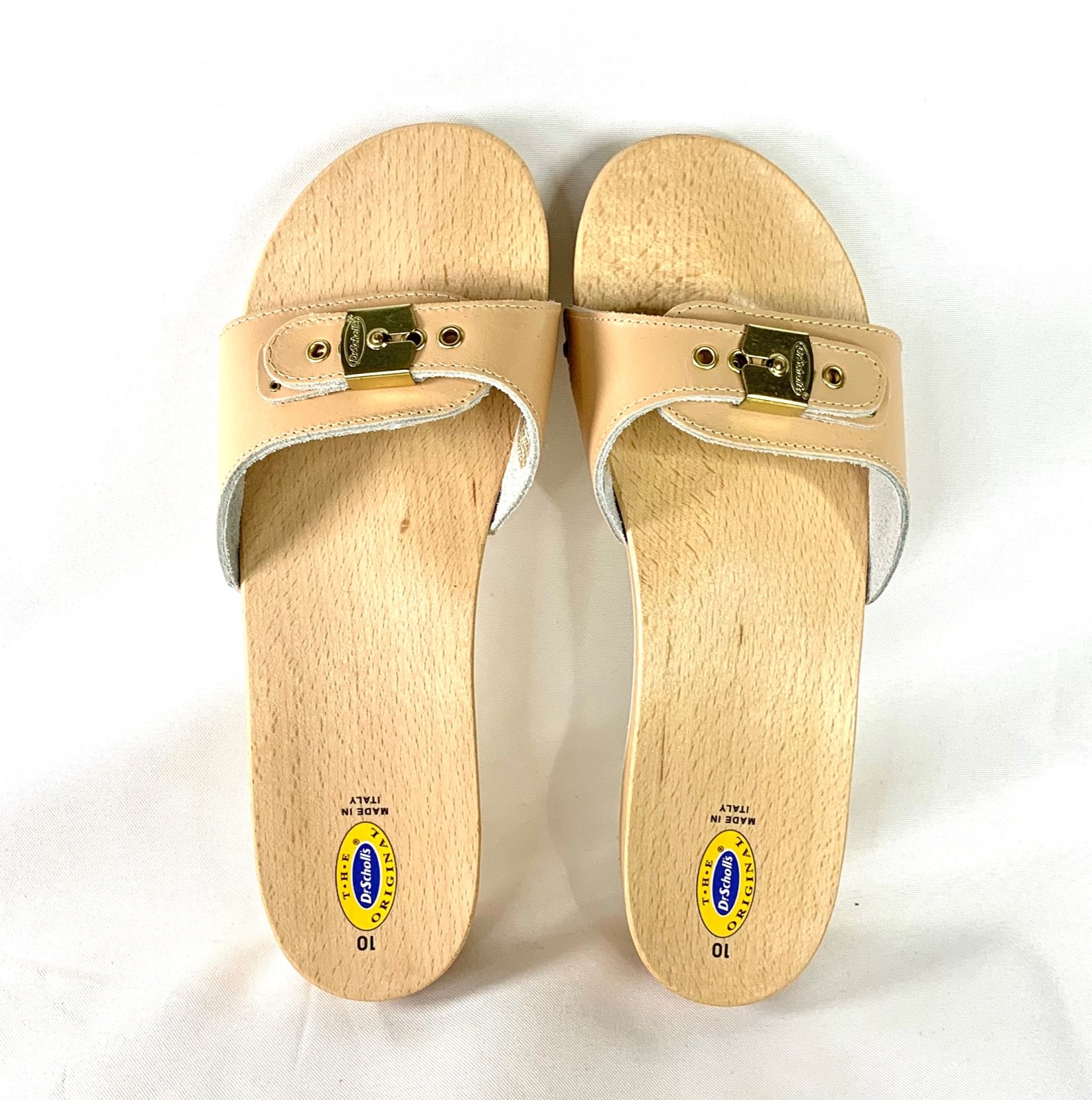 Dr. Scholls ‘The Original’ Sandal Leather Wood Slide Made i Italy SZ 10 Tan NWOT