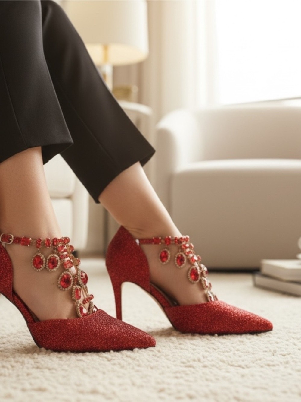 One of a Kind Italian Made Red Glitter Jeweled Rhinestone Skinny 3.5″ Metal Heel