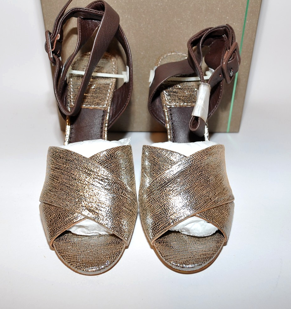 Bacio 61 «Betulla» Leather Wedge Ankle Strap Sandal 4.25″ Heel, Brown/Silver NIB
