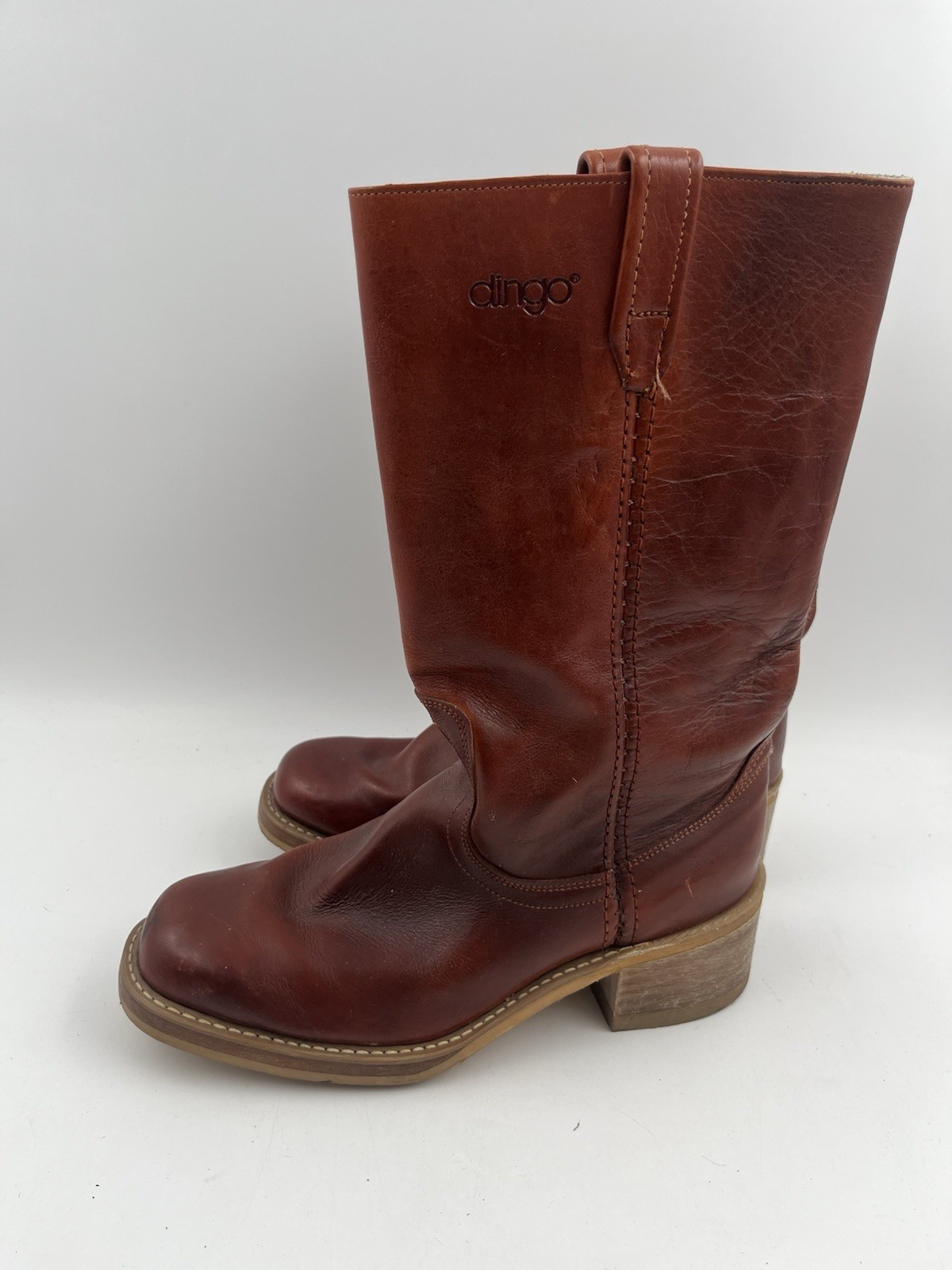 Vintage Dingo Acme Campus Womens Brown Chunky Stacked Heel Leather Boots Size 9D