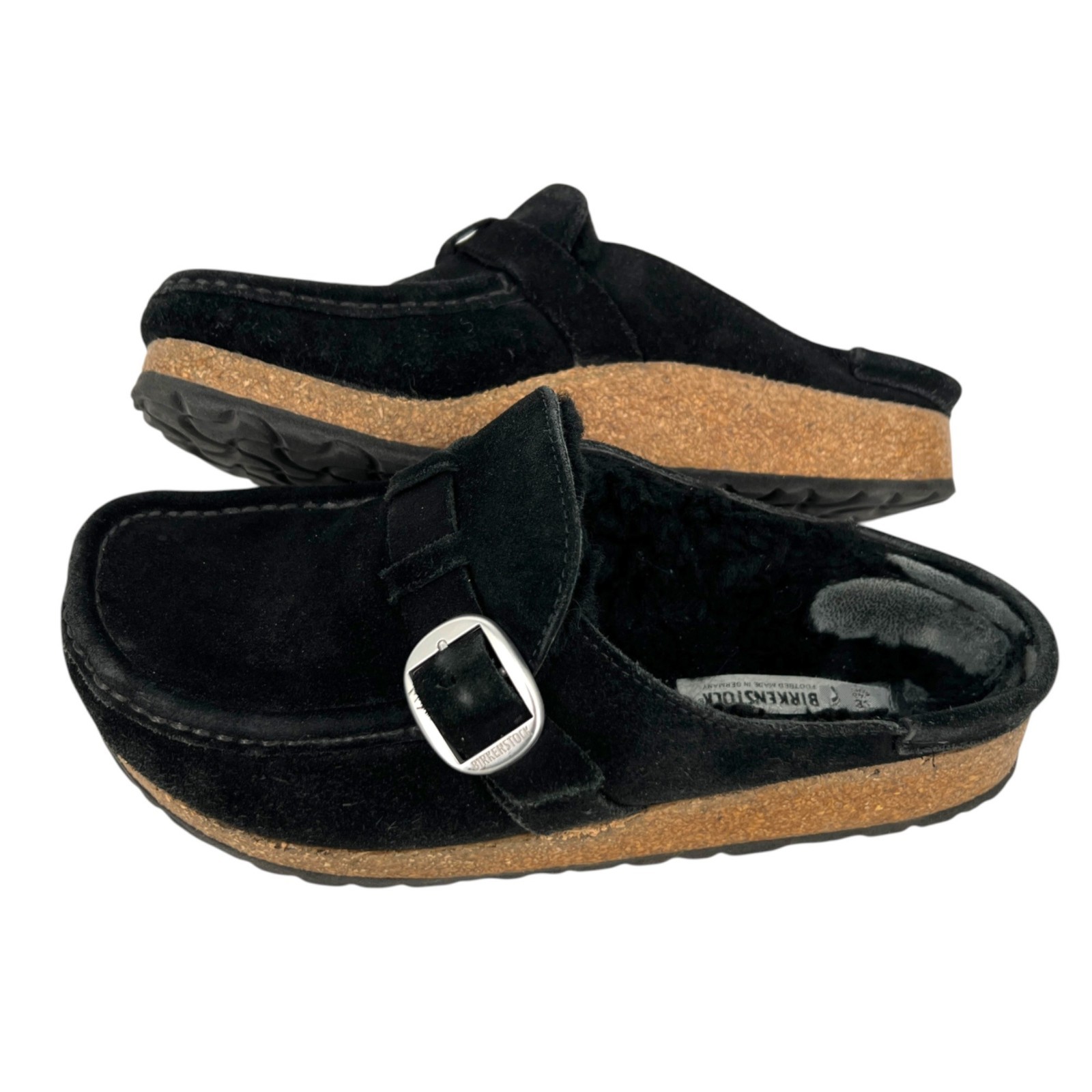 Birkenstock Buckley Shearling Clogs Black Suede Lined Slip-On Shoes Size 38 US 7
