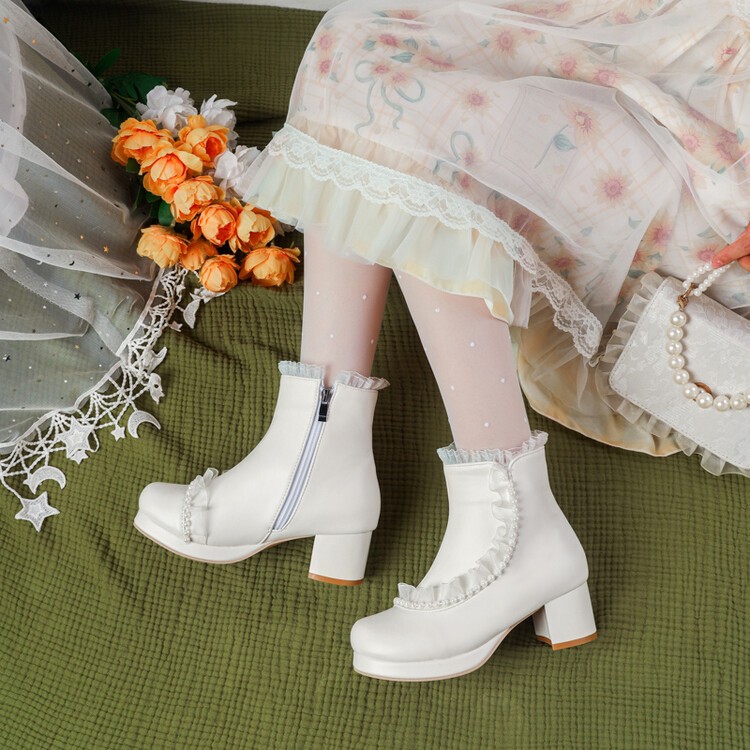 Sweet Women’s Girls Faux Leather Lace Zip Ankle Short Boots Dress Lolita Shoes