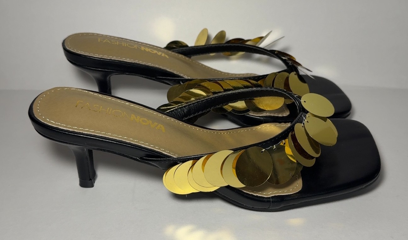 Fashion Nova Piranha Black Gold Sequin Kitten Heel Sandals Size 6