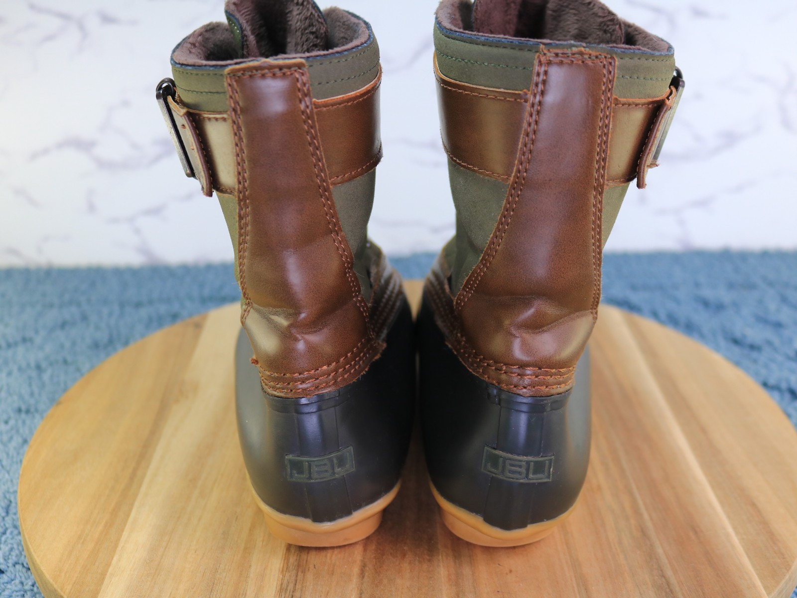 JBU Calgary Brown Green Black Lace Up Mid Calf Duck Work Rain Boot Women Sz 6.5M