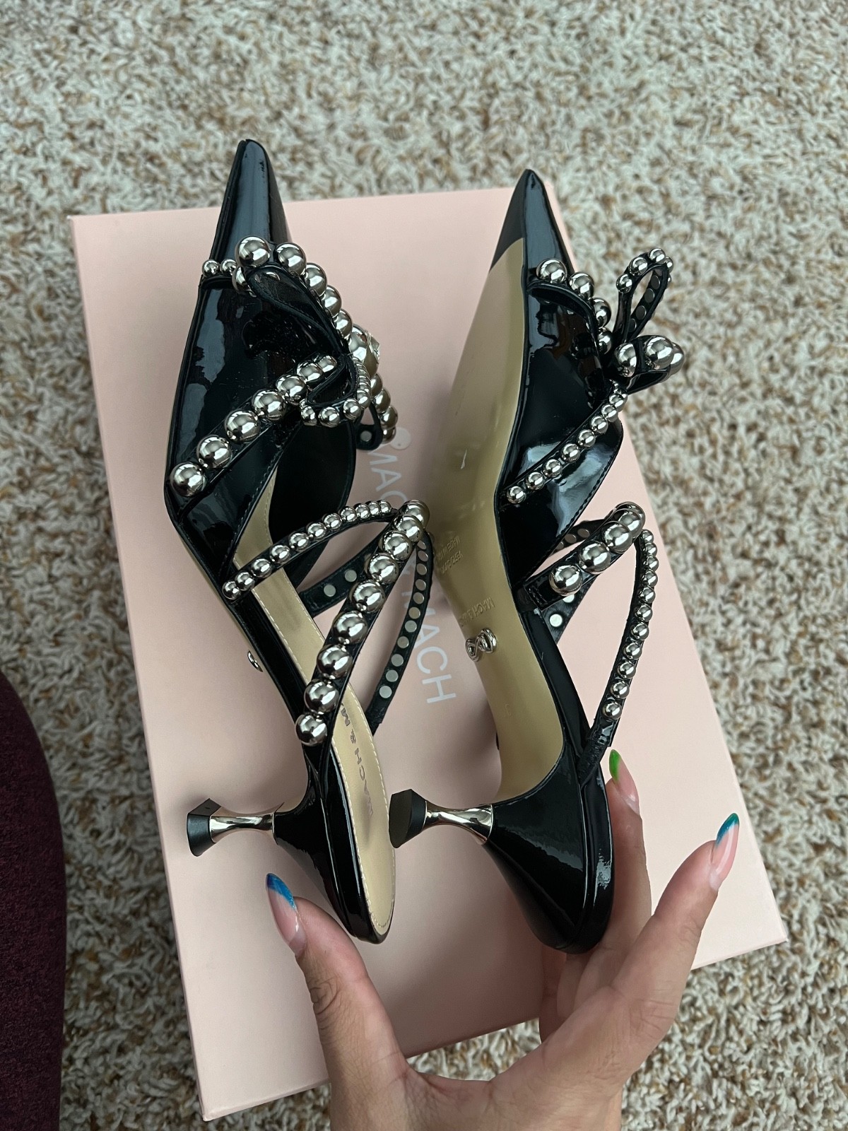Mach & Mach Black Patent Leather Mules, Sz 37. BNIB. Stunning and Sparkly
