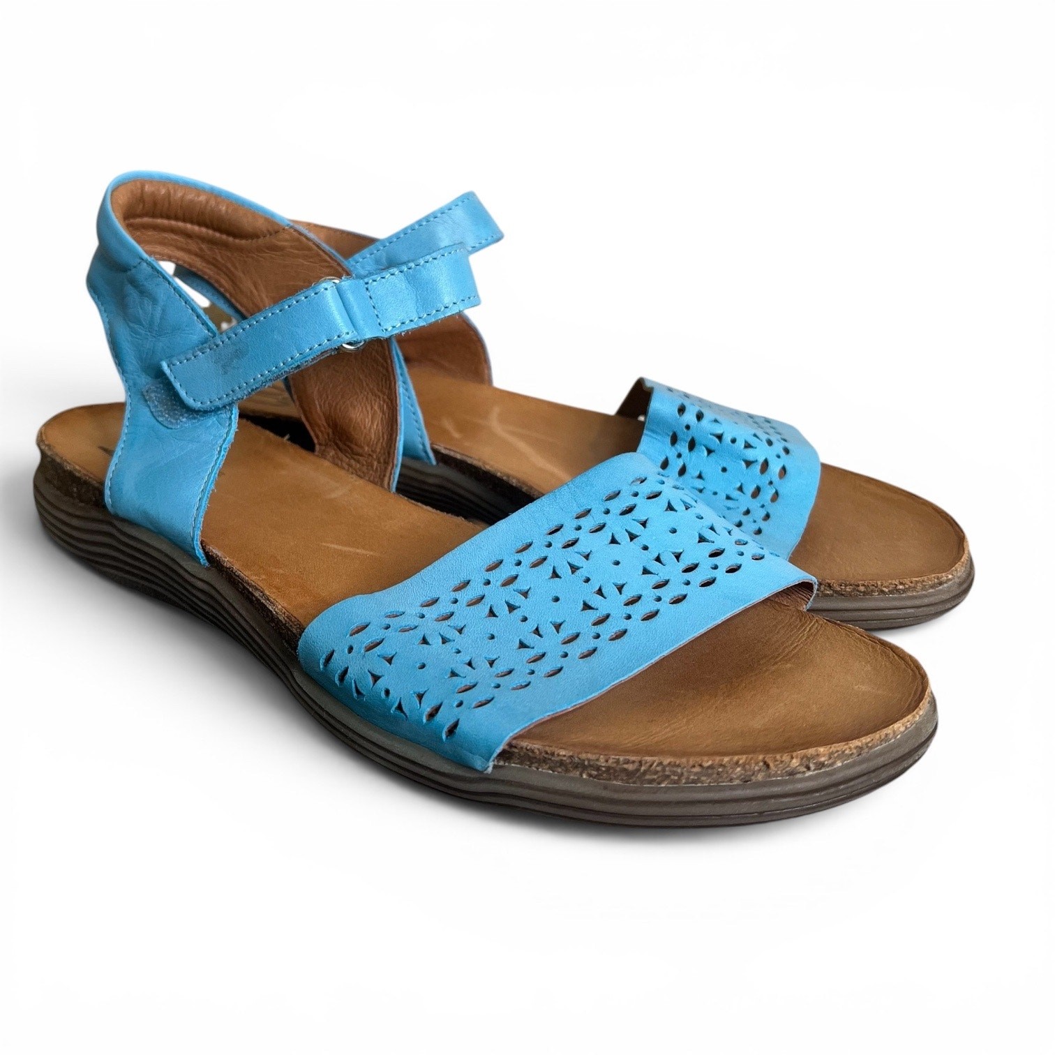 Miz Mooz Mave Low Wedge Sandal Adjustable Strap Blue Laser Cut Leather Size 40