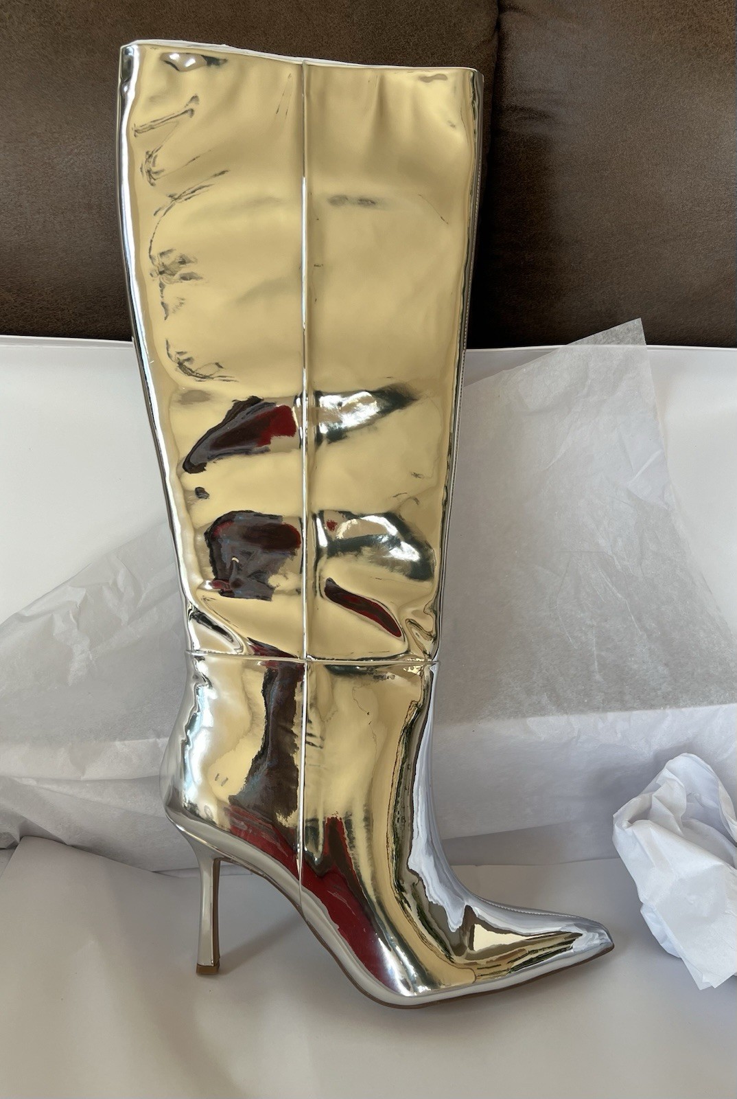 Mirror Silver Knee High 3.6” Stiletto Heel NIB, The Drop Size 8.5