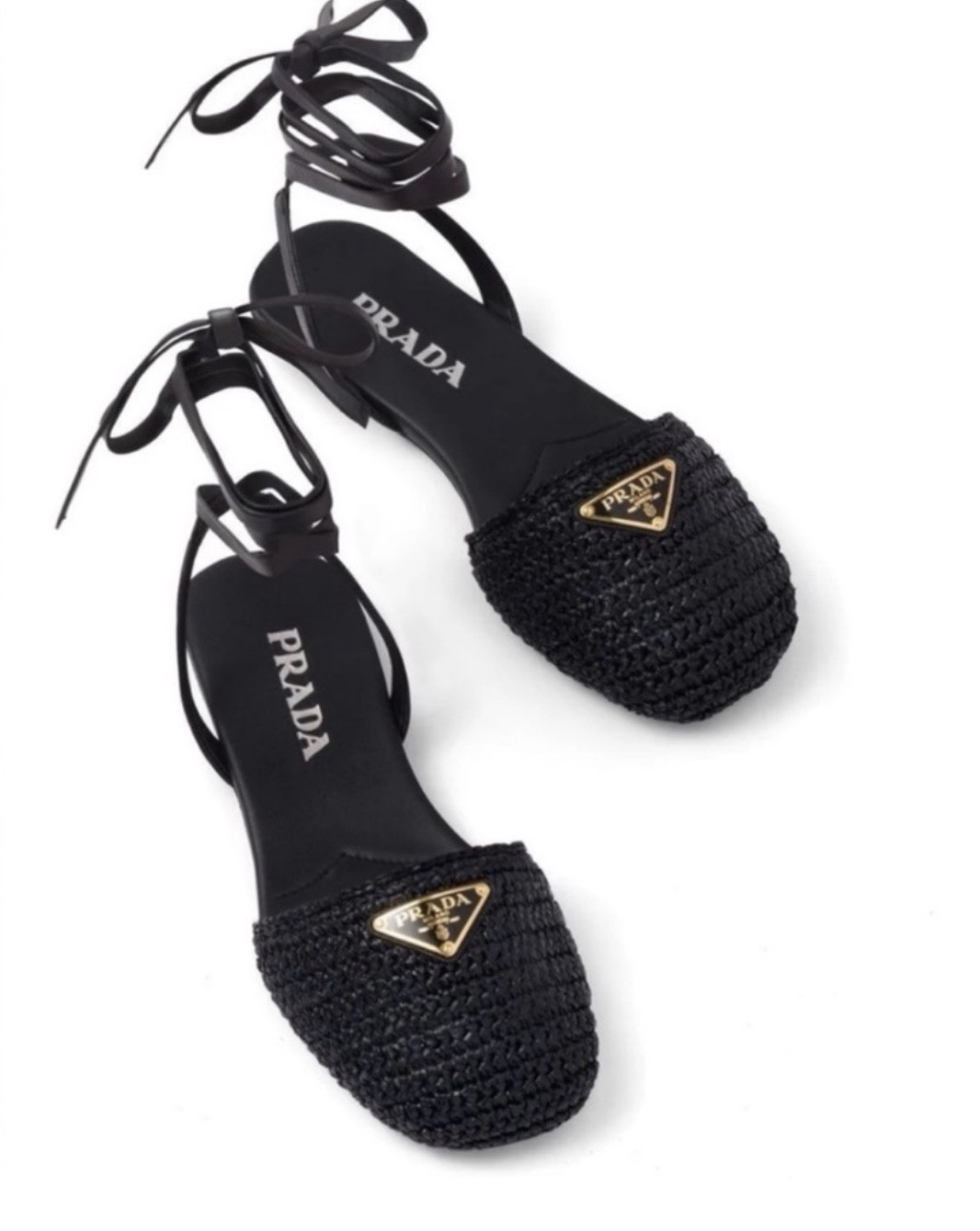 PRADA Black Raffia Logo Tie Ankle Strap Strappy Flats Women’s EU 39 US 8.5