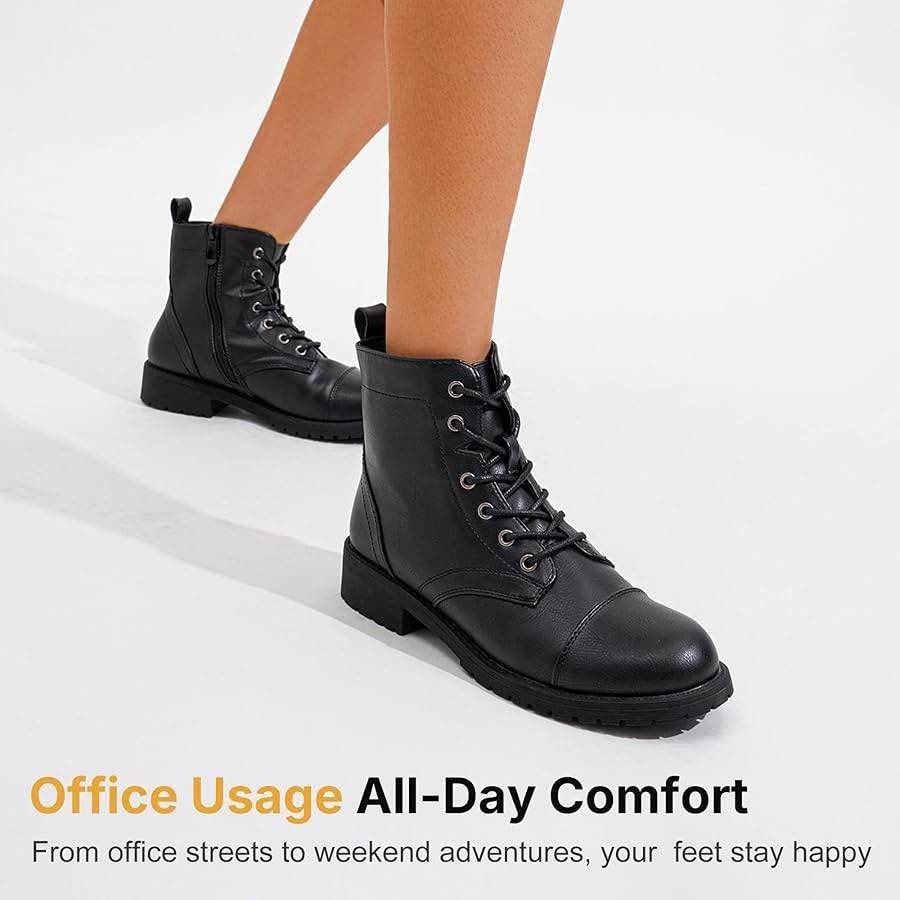 VEPOSE WOMENS ANKLE BOOTS COMBAT LACE UP BOOTIES WITH INSIDE ZIPPER Size 7 Black