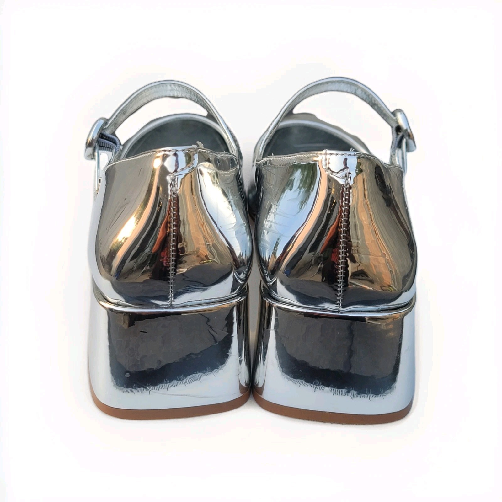 ​Larroude Blair Mary Jane Silver Specchio Leather Block Heel Pump Shoes Womens 9