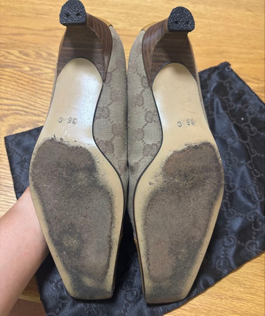GUCCI Pumps 23cm Beige GG Canvas Leather Square Toe High Heels