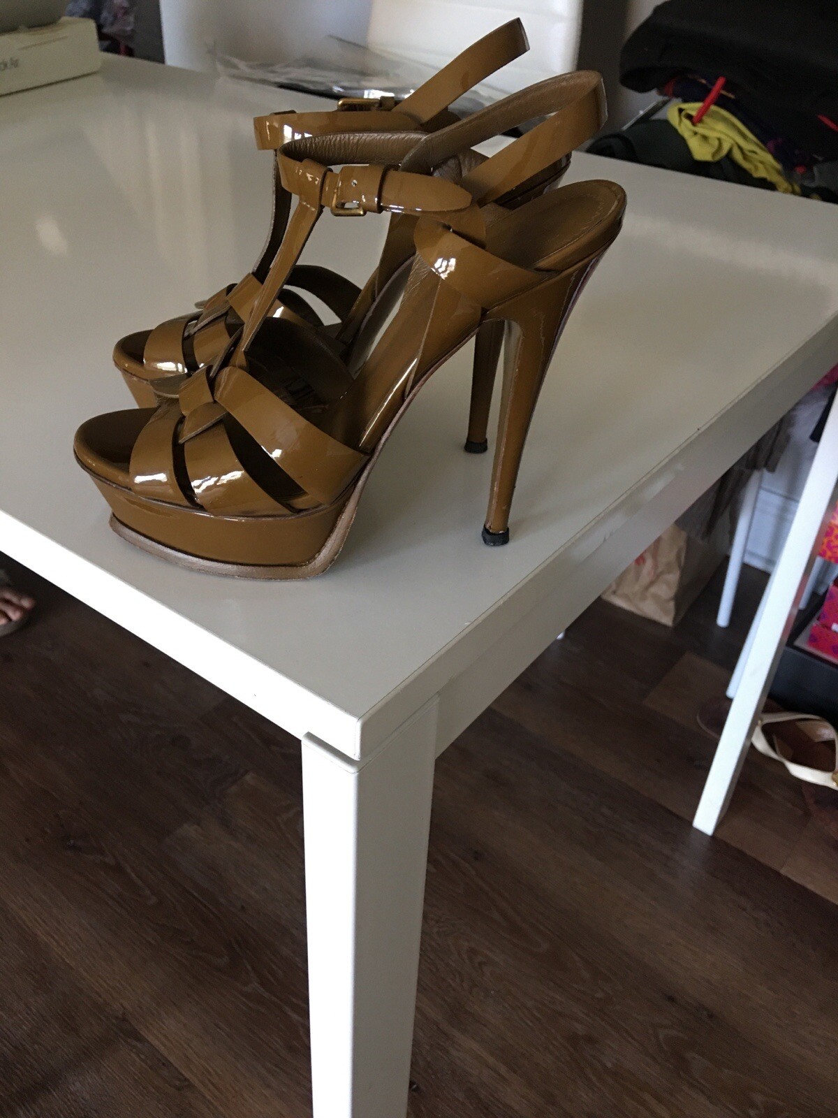 YSL YVES SAINT LAURENT TRIBUTE 105 PATENT LEATHER TAN HEELS SHOES SZ IT 36 US 6