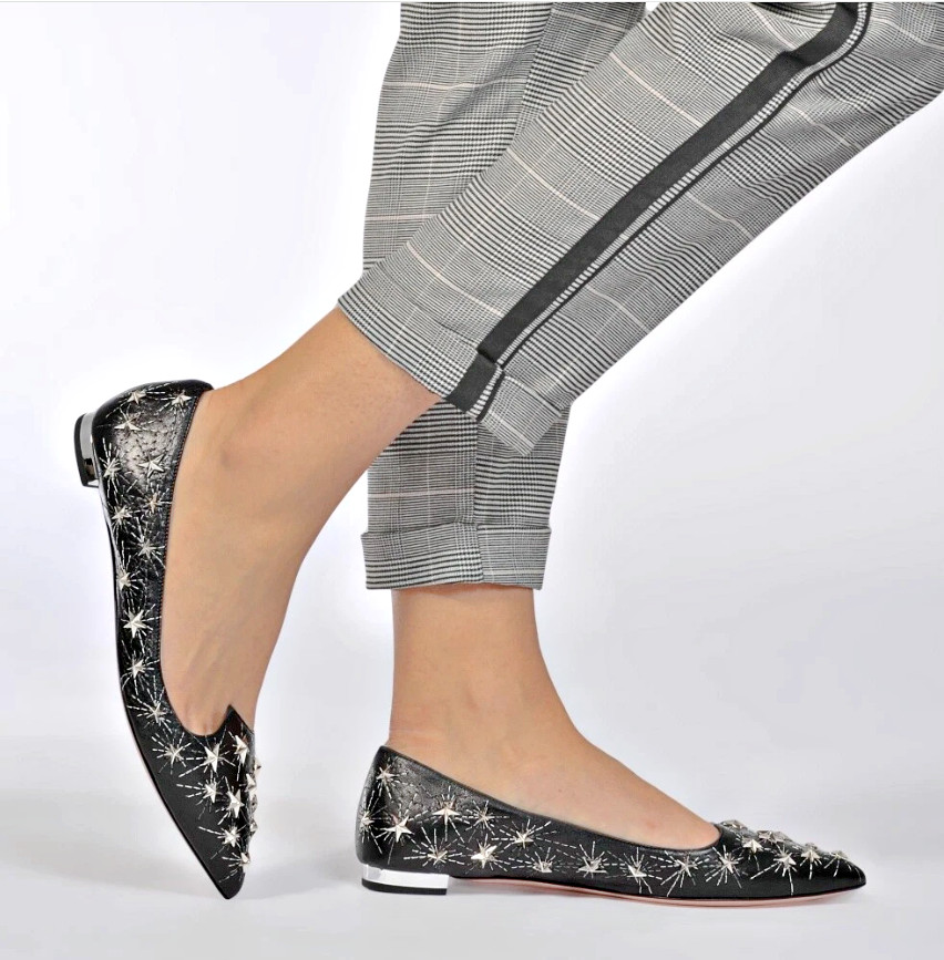AQUAZZURA Cosmic Star Pointy Toe Flats in Black Silver sz US 6 – IT 36
