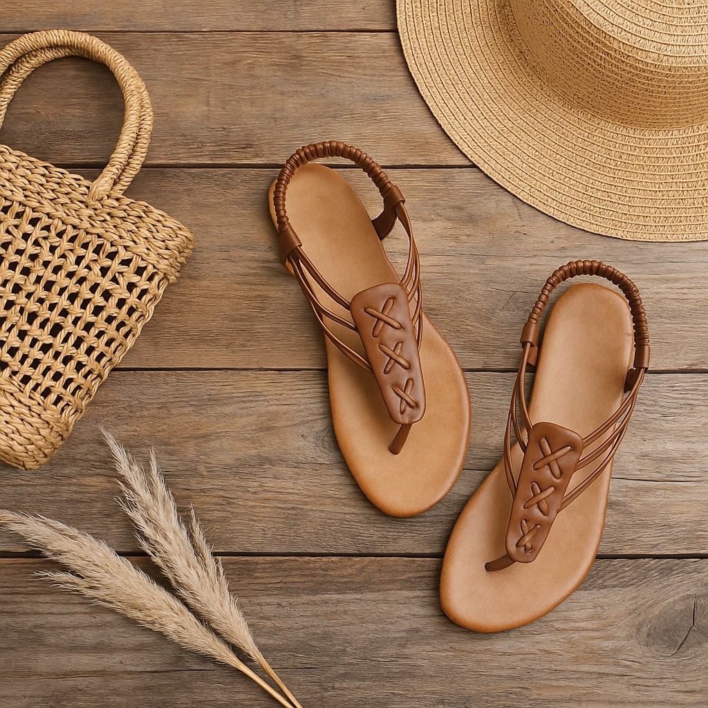 Women’s Brown Strappy Flat Sandals – Elastic Slingback Comfort Casual Shoes Sz 9