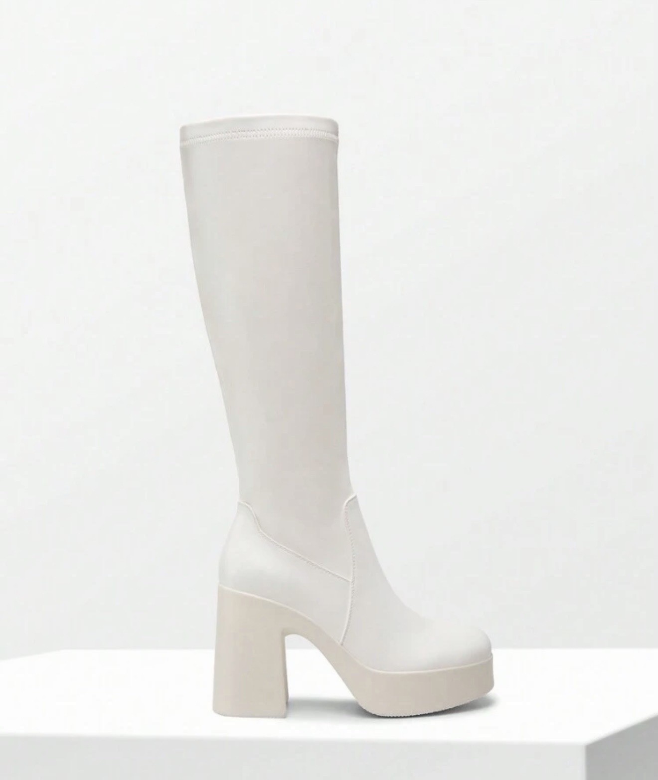 Women’s White Knee High Platform Boots Synthetic Upper Block Heel Round Toe 9.5