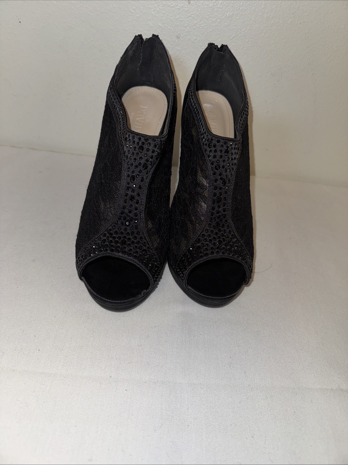 DAVID’S BRIDAL Lace High Heel Shootie with Crystals Sz 10 Black stiletto AYAEL 9
