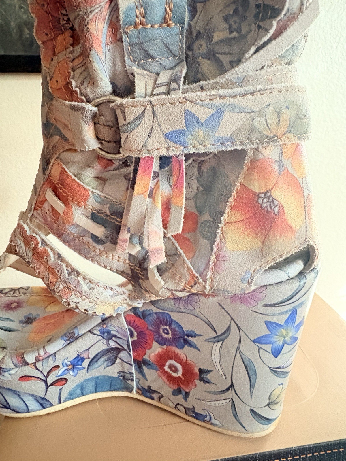 El Vaquero Floral Studded Fringe Multicolor Leather Wedge Platform Heels EU 37