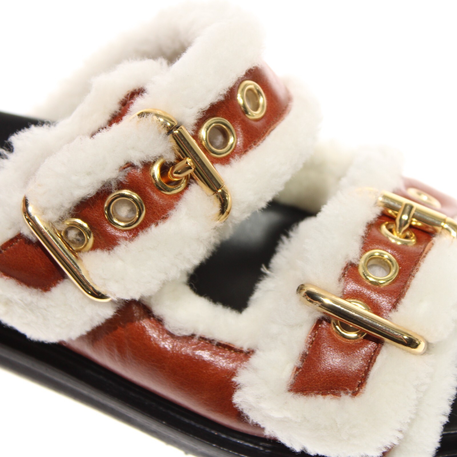 Marni NWB Fussbett Buckle Shearling Sandals Size 37.5 US 7.5 Brown/White/Gold