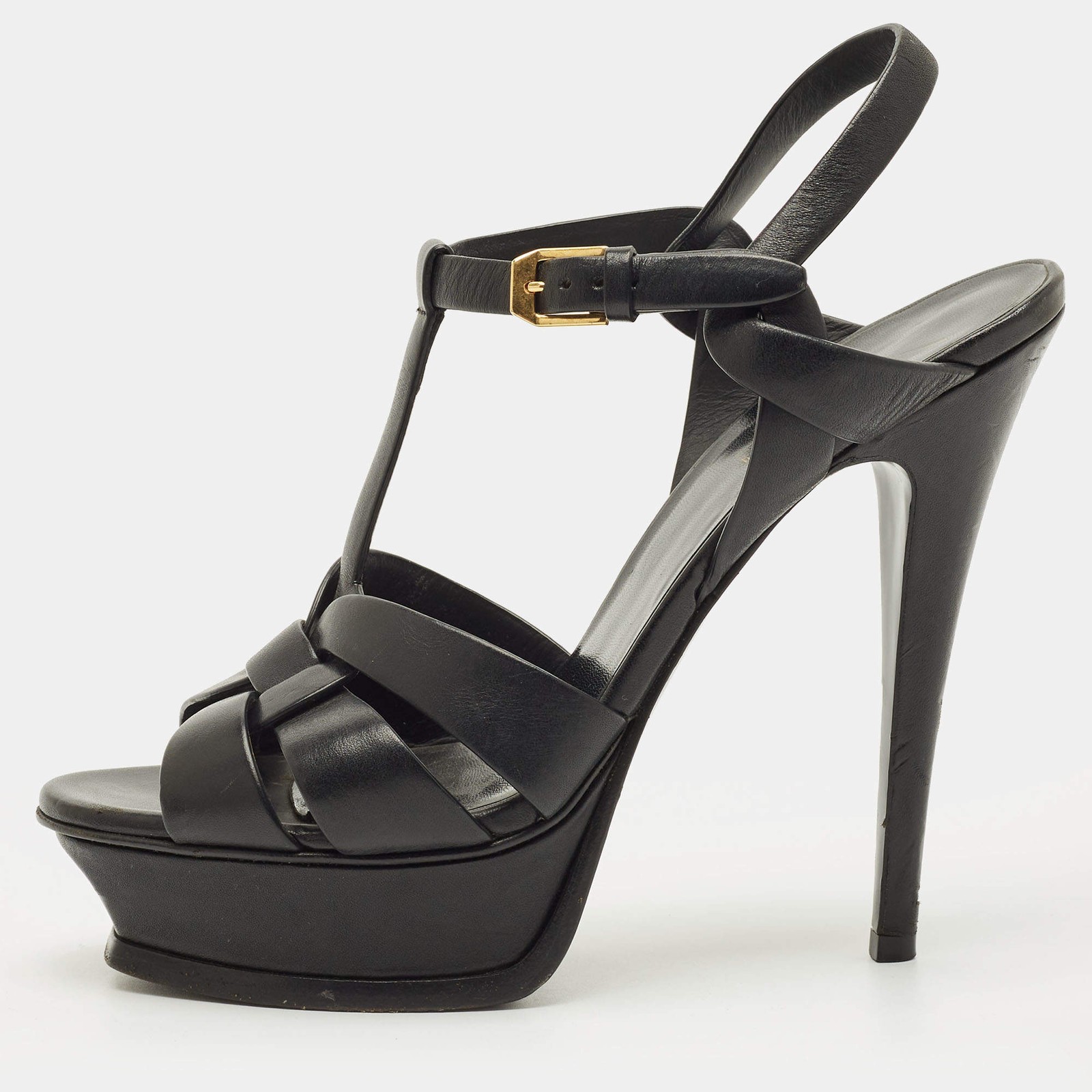 Saint Laurent Tribute Size 37 Black Leather Platform Sandals