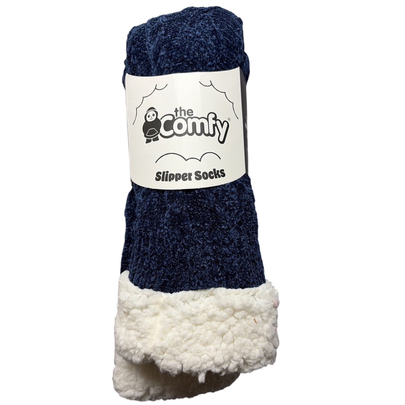 The Comfy Slipper Socks Navy Blue Sherpa Lined Plush Cozy Shark Tank One Size