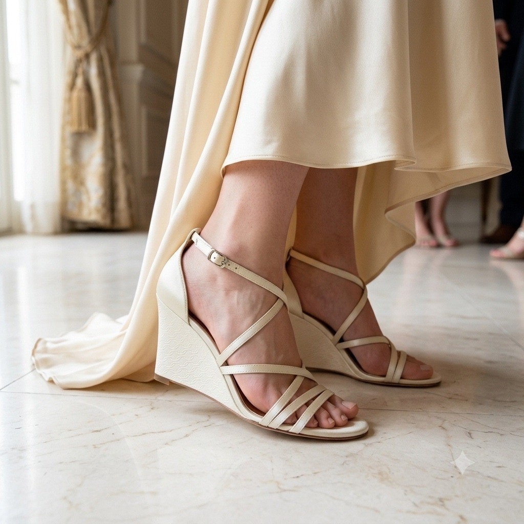 Badgley Mischka Champagne Satin Strappy Wedge Sandals Bridal Heels 7.5