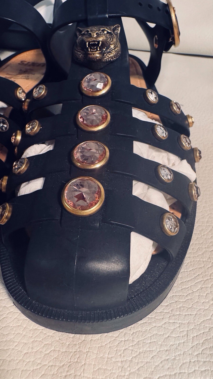 Gucci Marmont Crystals Bezel Cage Fisherman GG Feline Head Rubber Sandals 39 Bag
