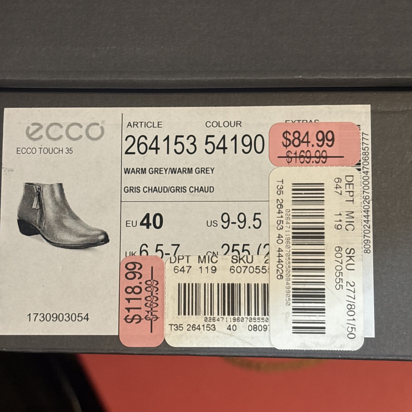 Ecco Touch 35 Side Zip Ankle Boots Women’s Gray Brown Size EU 40
