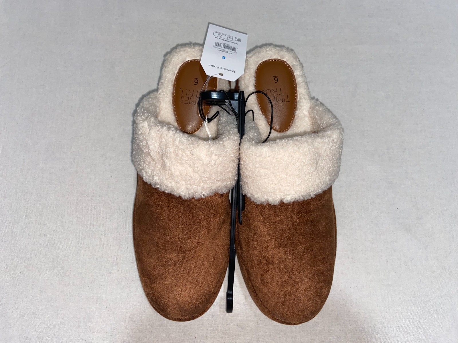 Time & Tru Women Wedge Clog Slippers Chestnut Brown Faux Shearling Platform NEW