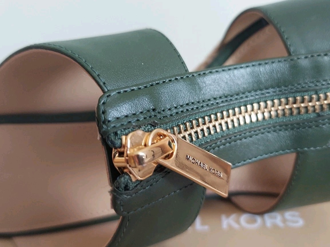 MICHAEL KORS BRADLEY GREEN GOLD MK LOGO Zipper PLATFORM SLIDES 7.5 I LOVE SHOES