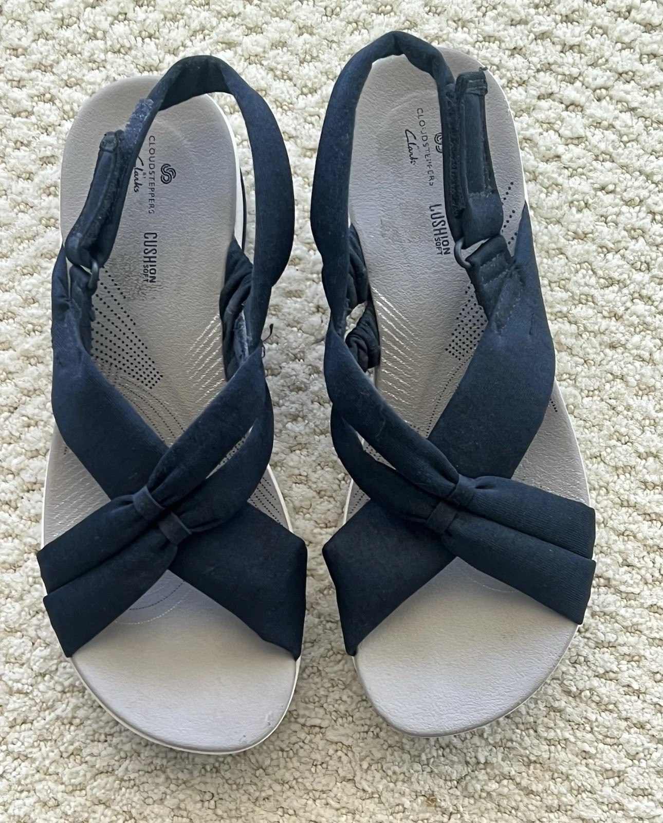Clarks Cloudsteppers Arla Glison Navy Fabric Wedge Sandals Womens 9 M
