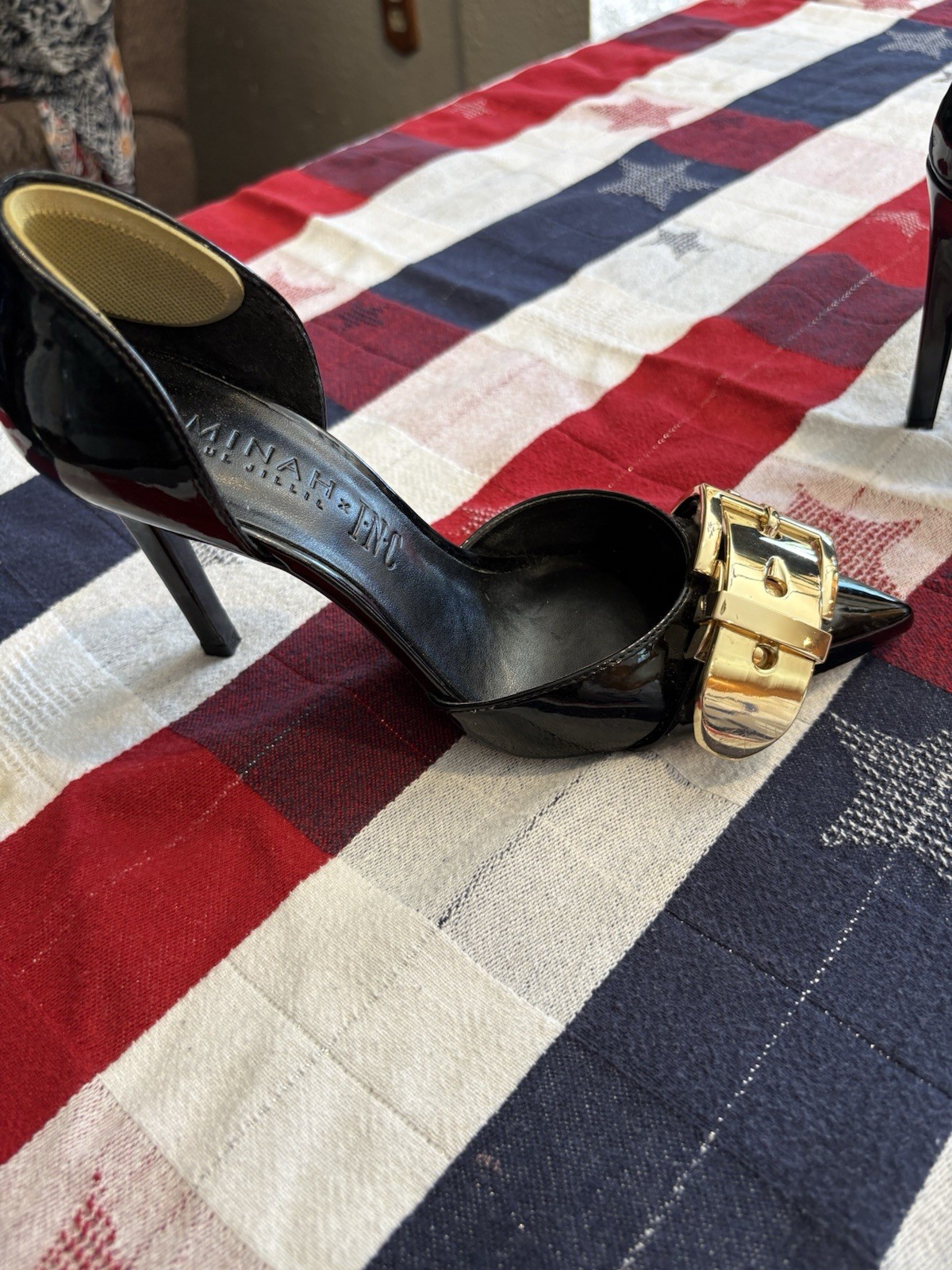aminah abdul jillil Black and Gold Stilettos 5.5
