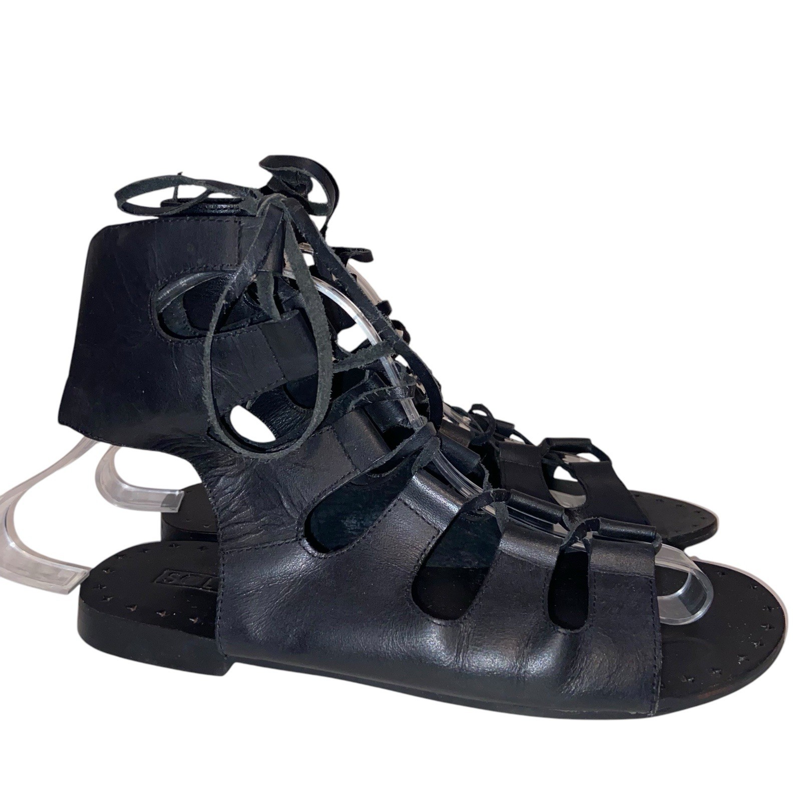 Sol Sana Shoes Womens Size 7.5 EU 38 Black Leather Strappy Sandals Boho Goth