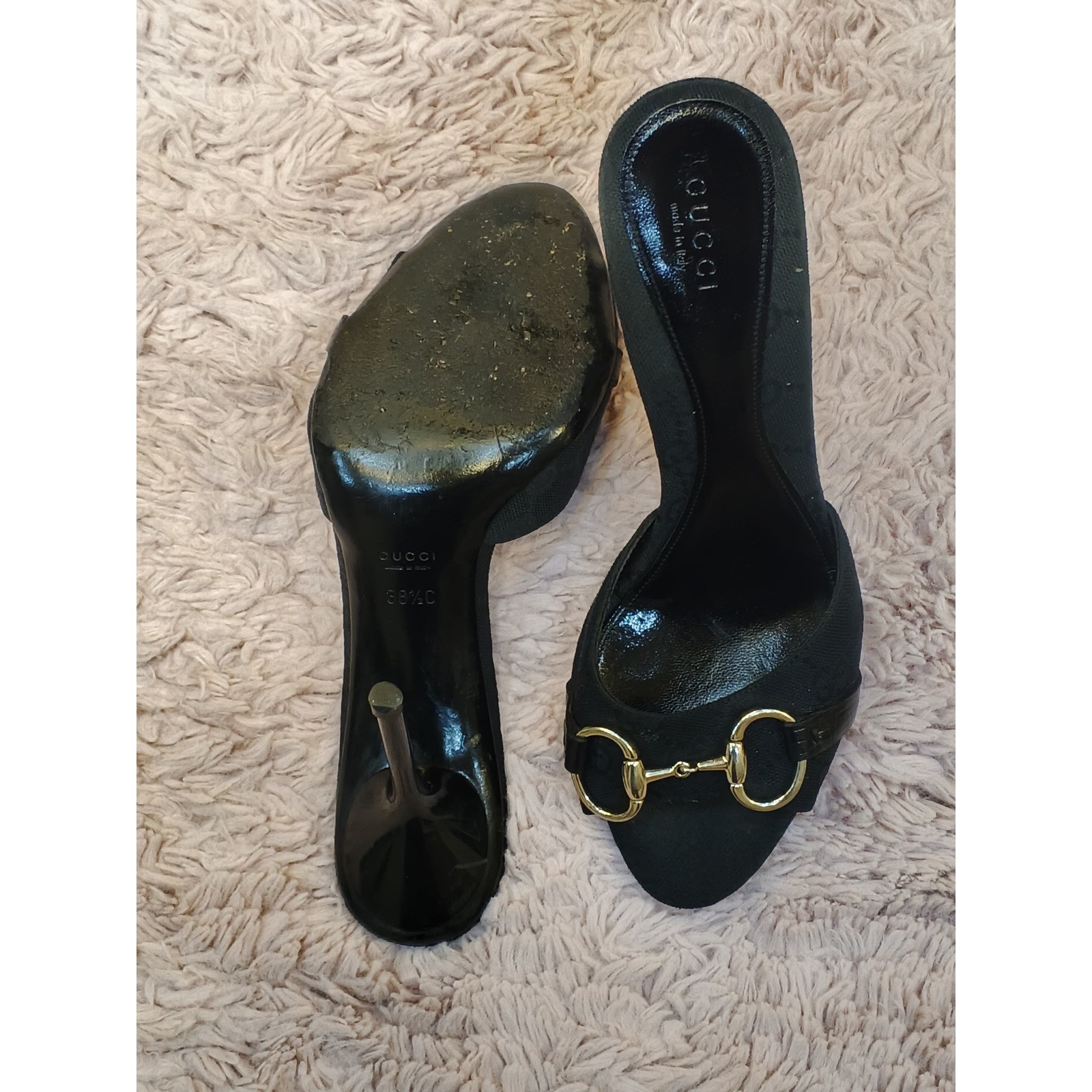 Gucci Horsebit GG Monogram Canvas Mules Black Stiletto Sandals 138703 Size 38.5