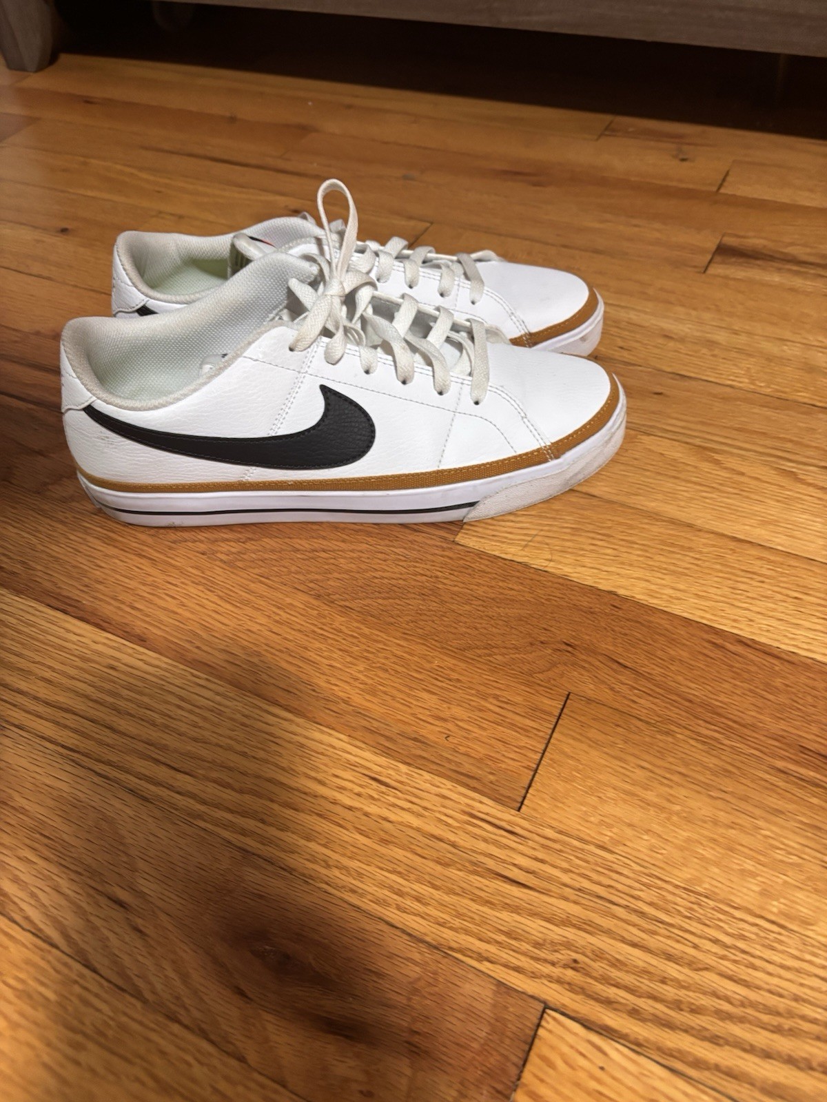 These Are Nike Size 7.5 Color White Gold Sneakers With Neon Insole.