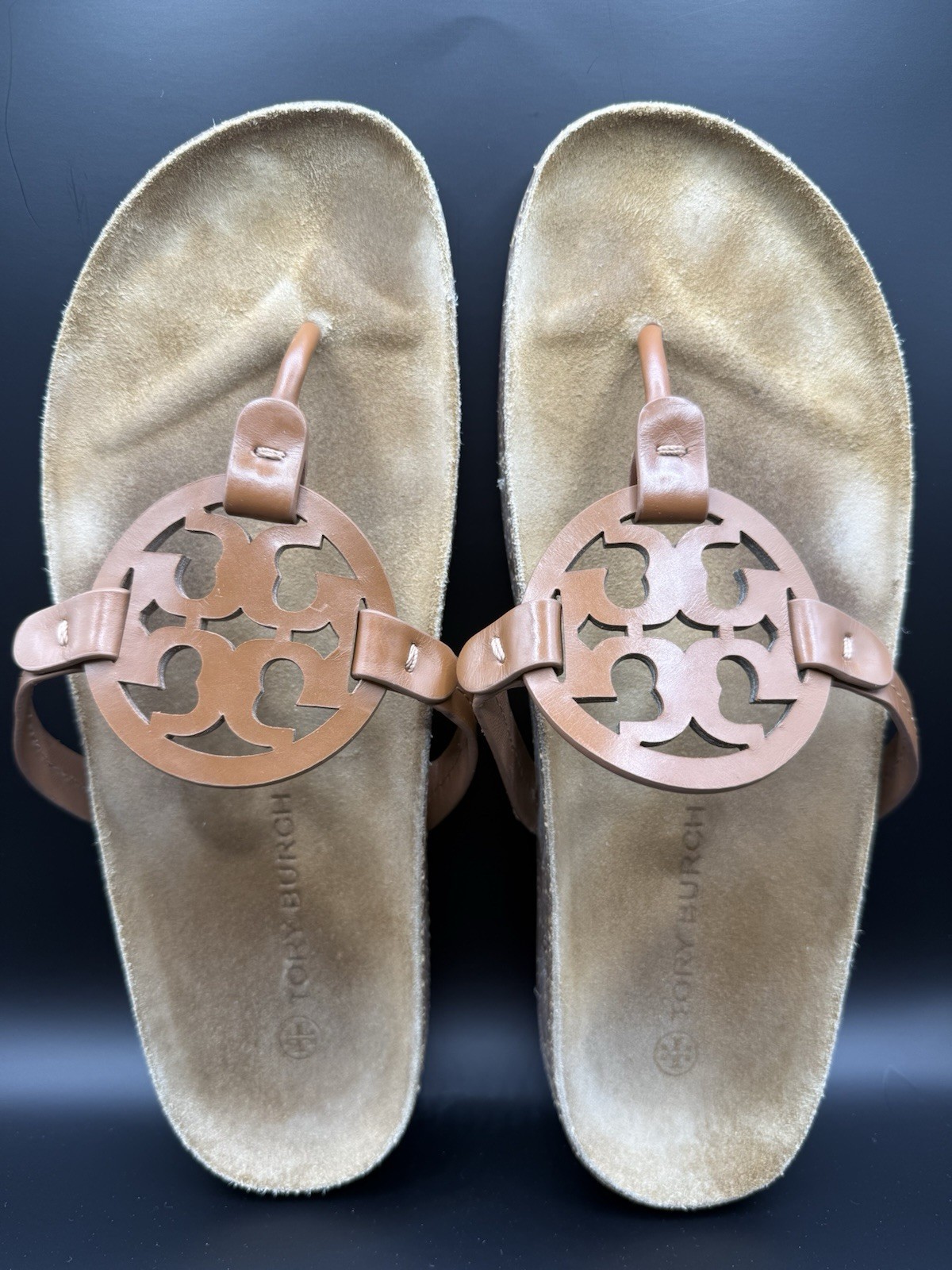 Tory Burch Miller Cloud Sandals Tan Brown Leather Cork Footbed Women’s Size 11M