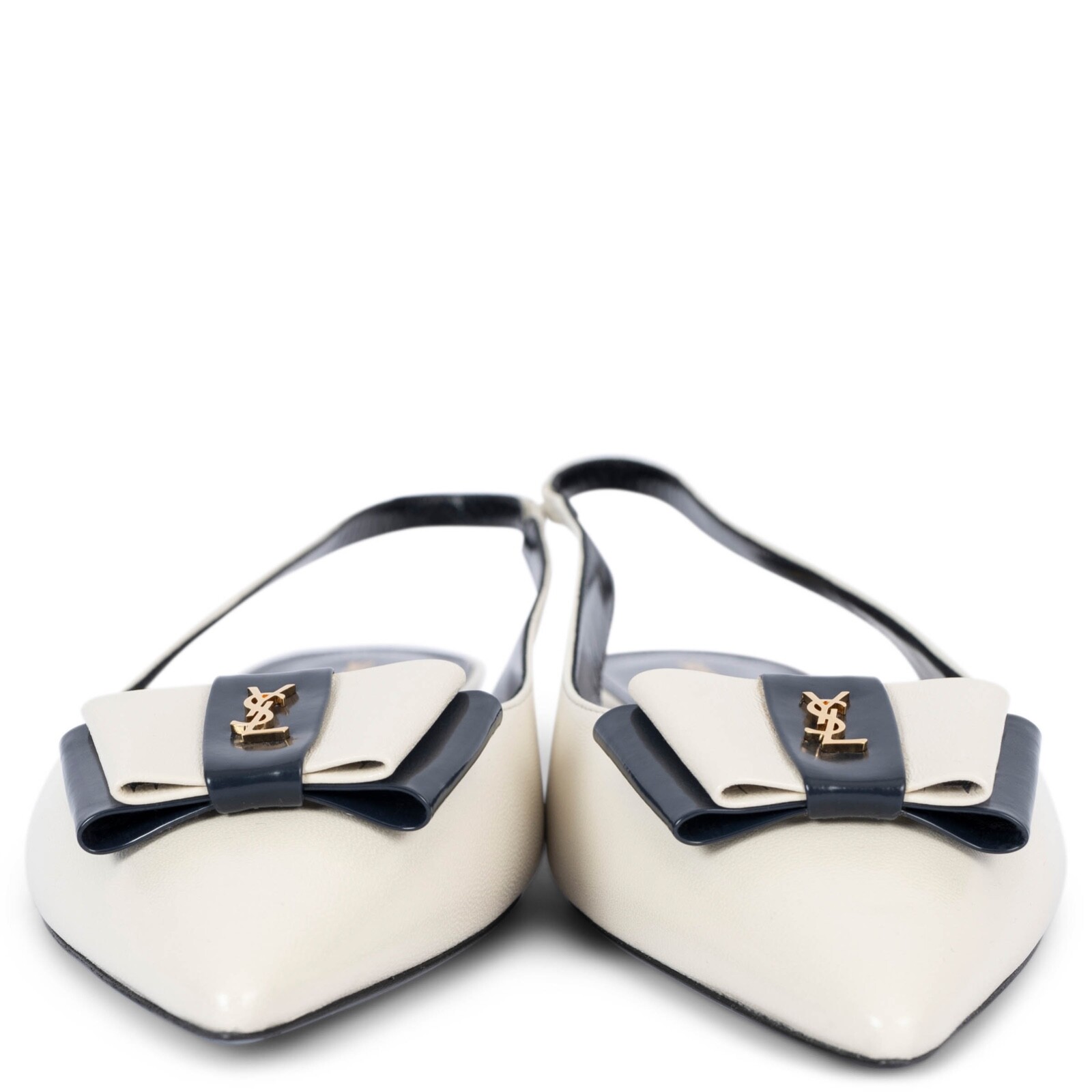 70044 auth SAINT LAURENT cream & navy leather 2021ANAIS Slingback Flats Shoes 38