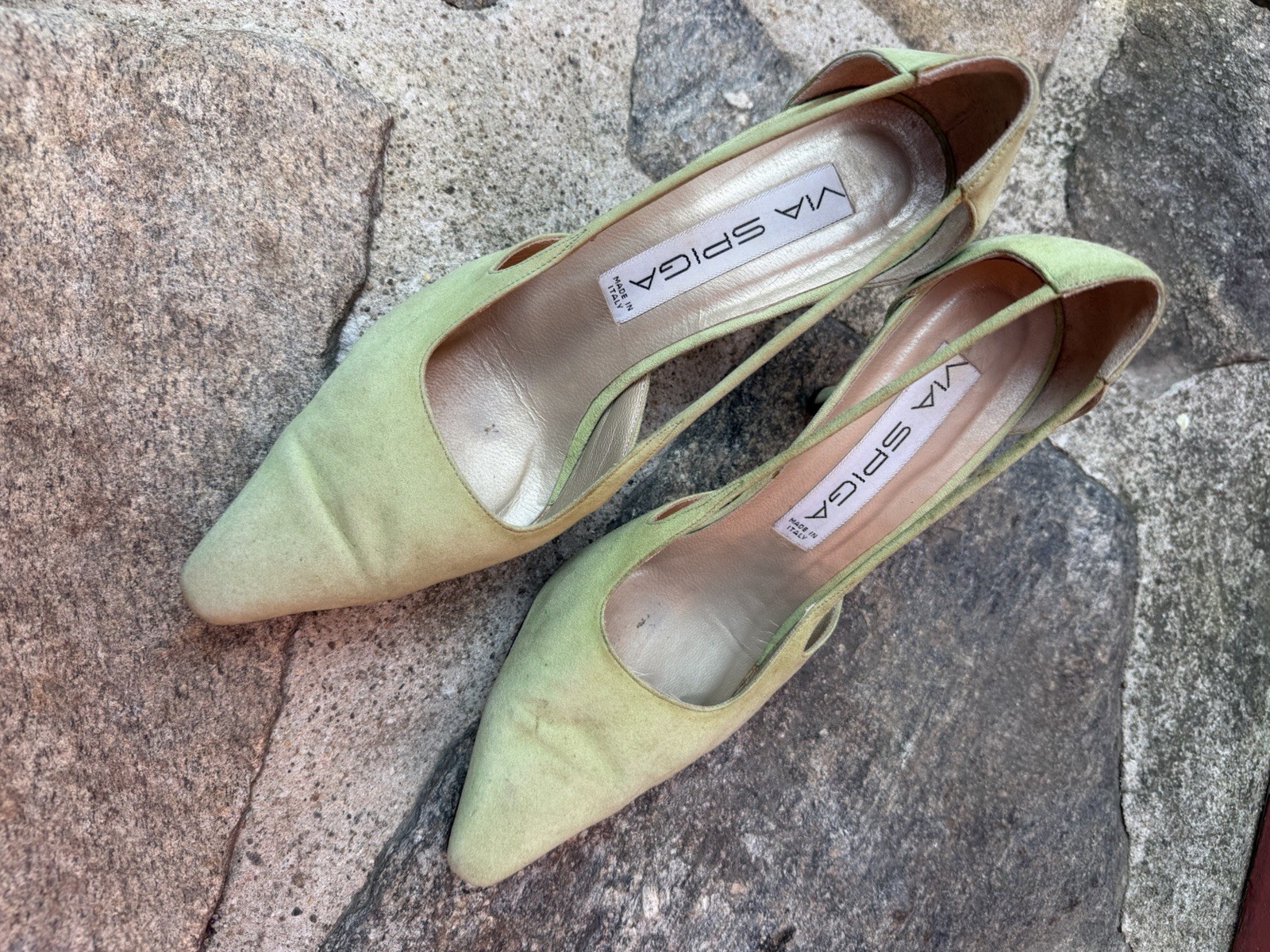 Via Spiga Spring Green Pointed Toe Slingback Pump Heels Leather Suede US 7.5 B