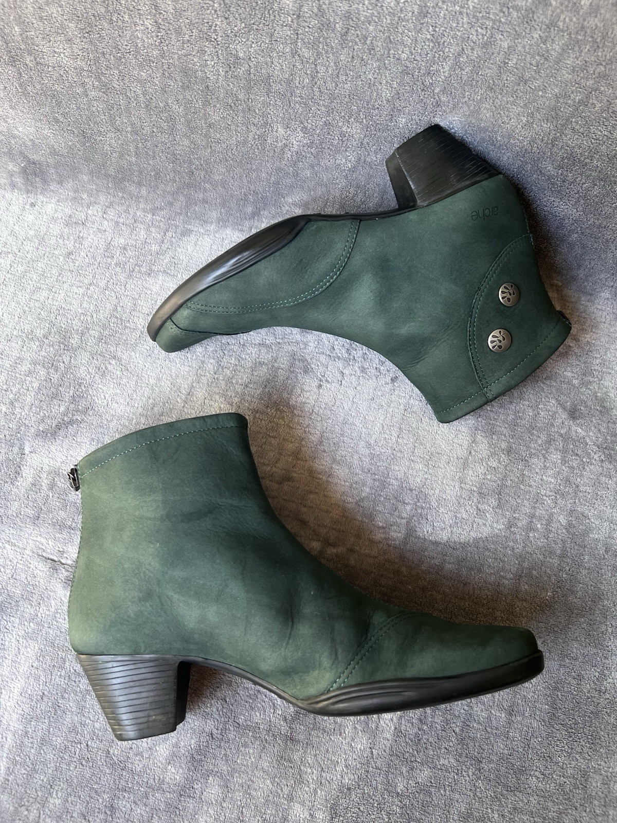 Arche Leather Ankle Boots Sz 40 , 9 Green Nubuck Stacked Heel Back Zipper France
