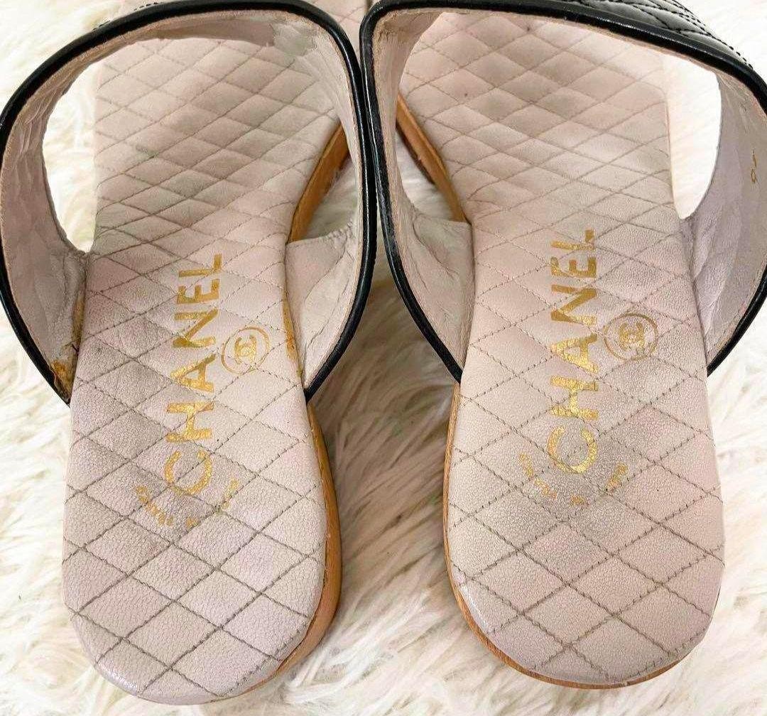 CHANEL Quilted Thong Sandals Size 36 23.5cm Black Wood Sole