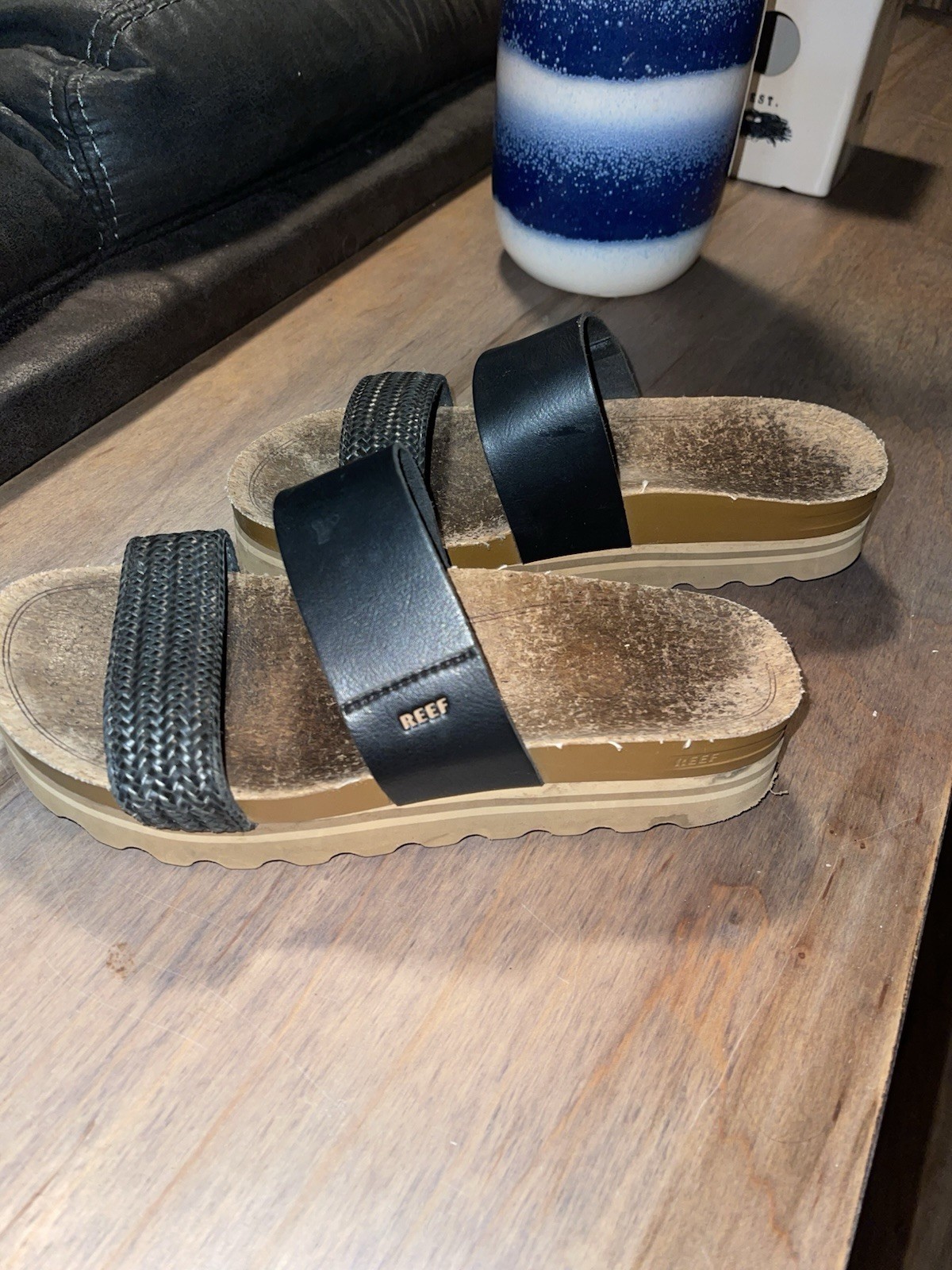 Reef Black Two-Strap Slide Sandals Logo Accent Cork Insole Women’s US 8