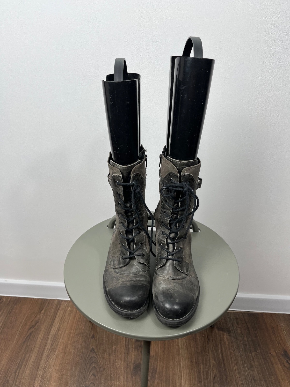 Gray Distressed Combat Lace-Up Zip Boots Avant-Garde Style EU 39