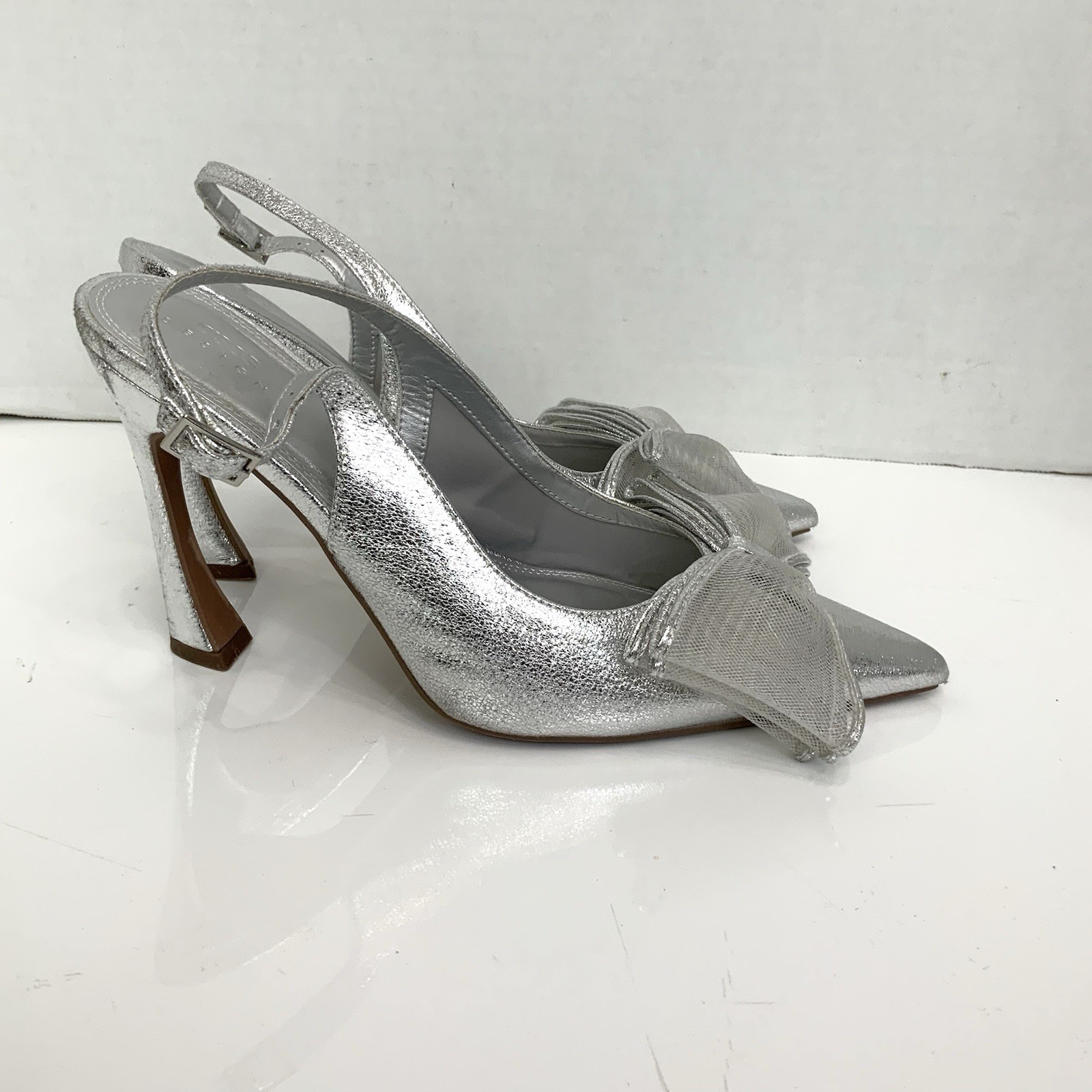ASOS DESIGN Sz 9 Metallic Silver Princess Bow Slingback Heels Shoes Wedding