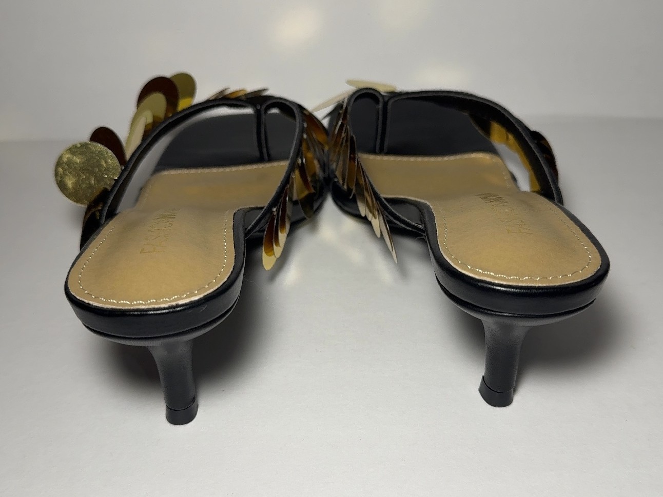 Fashion Nova Piranha Black Gold Sequin Kitten Heel Sandals Size 6