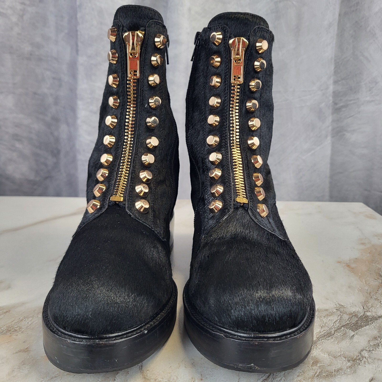 Jeffrey Campbell Tonette Genuine Calf Hair Studded Front Zip Boots Women’s 8.5