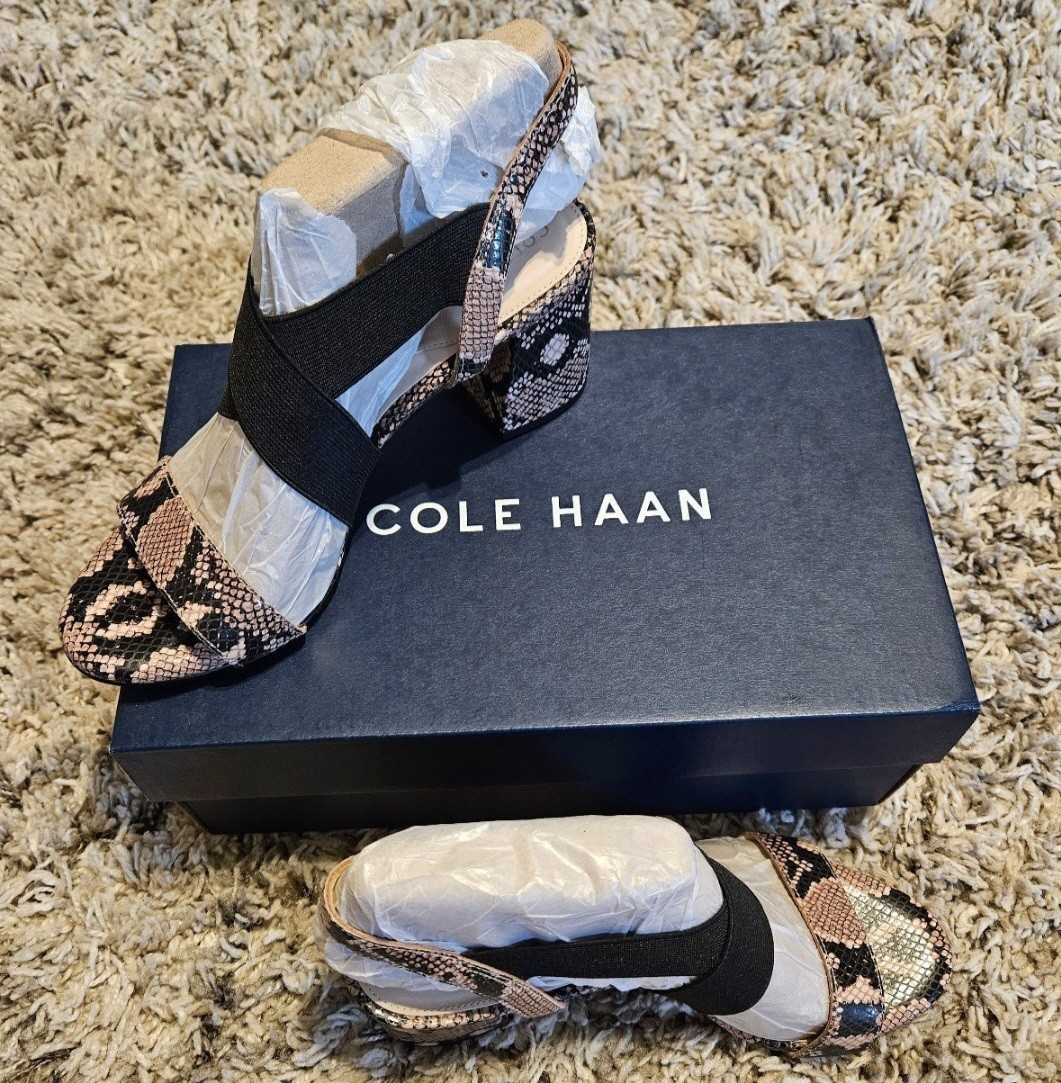 Cole Haan Women’s Strappy Snake Print Sandals Black/Beige Slip On 7.5B