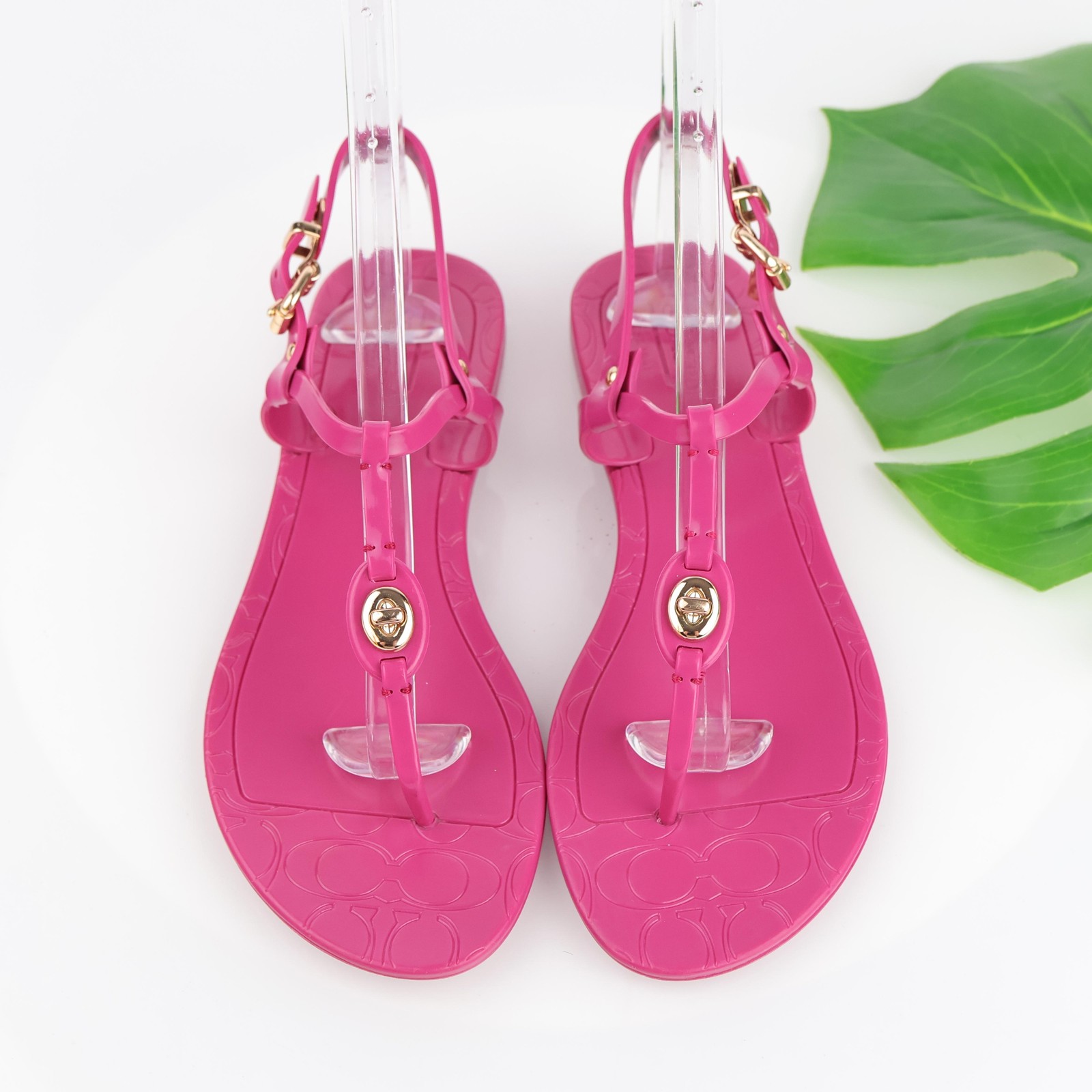 Coach Womens Pier Sandals Size 7 Hot Pink PVC Jelly Thong Ankle Strap Turnlock